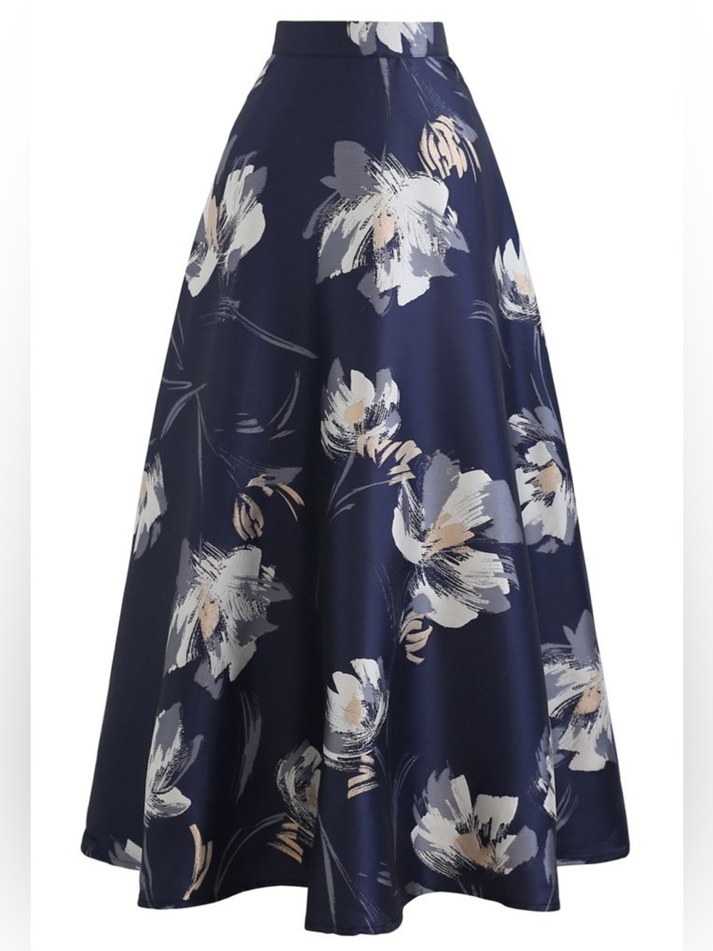 Chicwish Blooming Floral Jacquard Maxi Skirt Navy Blue Gold Metallic XL